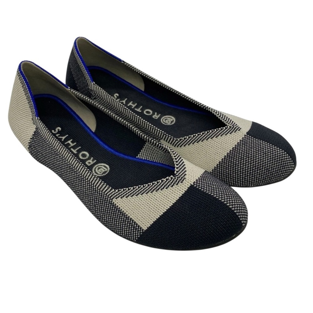 ROTHY'S Womens Size 10 The Flat Plaid Black Cream Captoe Ballet Flats Retired